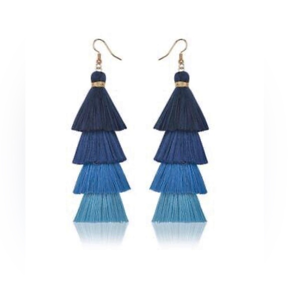 BOHEMIAN FRINGE LAYERED MULTI-COLORED THREADED TASSEL DROP EARRINGS - Picture 2 of 2